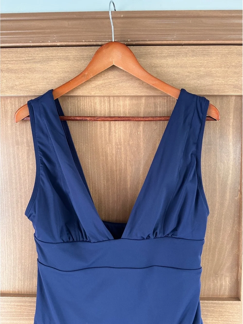 Andie Mykonos Deep Plunge Neck One Piece Swimsuit in Navy Women’s sz Large Tall